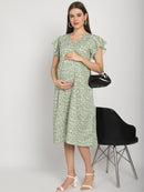 Green Micro Printed Fit and Flare Maternity Midi Dress