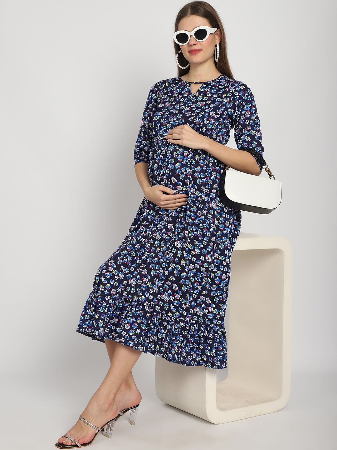 Navy Floral Printed Fit and Flare Maternity Maxi Dress