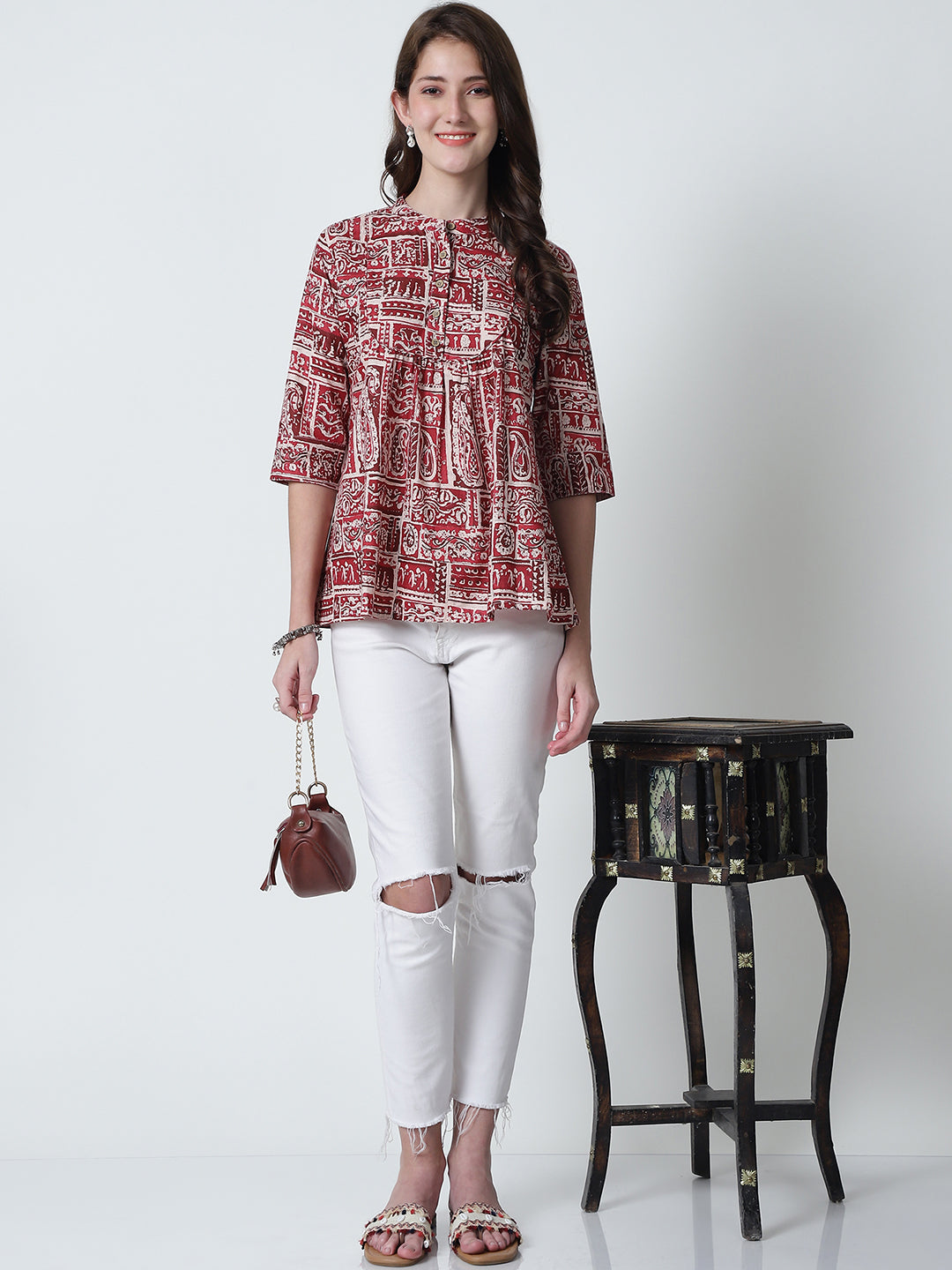 Maroon Ethnic Motifs Printed Mandarin Collar Pure Cotton Top