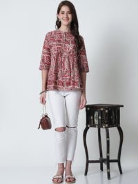 Maroon Ethnic Motifs Printed Mandarin Collar Pure Cotton Top