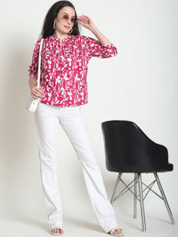 Pink Floral Printed Mandarin Collar Pure Cotton Top