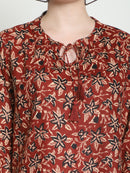 Brown Floral Printed Tie-Up Neck Pure Cotton Top