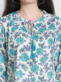 Turquoise Blue Floral Printed Tie-Up Neck Pure Cotton Top