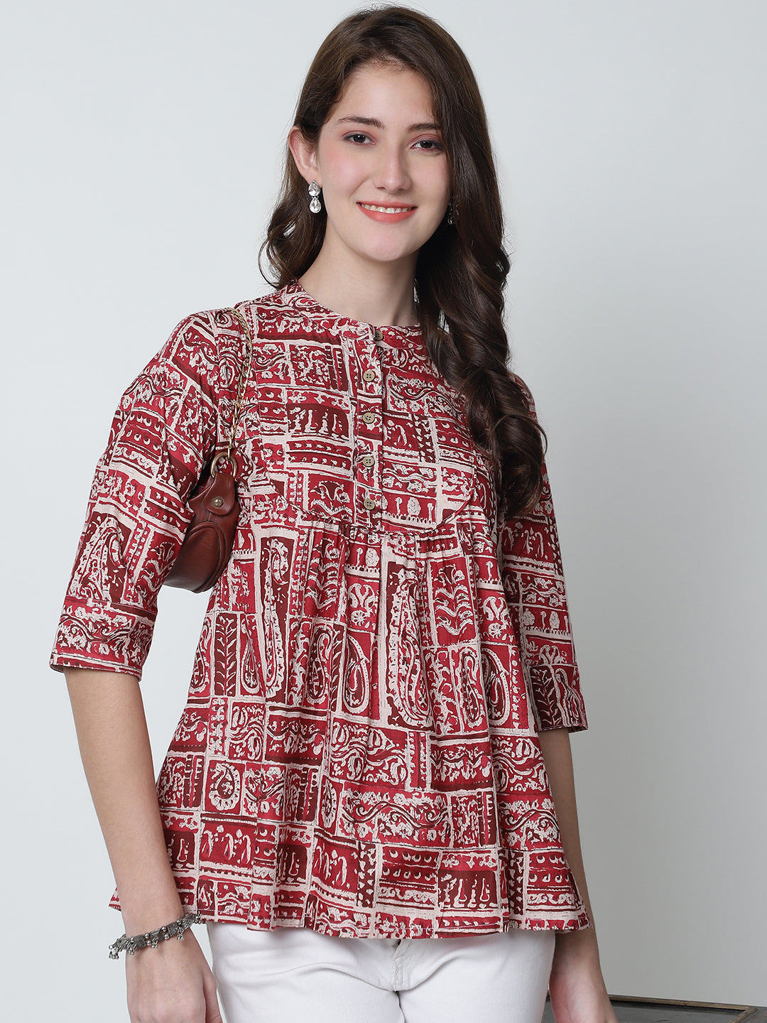 Maroon Ethnic Motifs Printed Mandarin Collar Pure Cotton Top