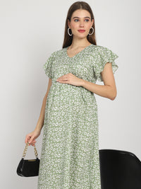 Green Micro Printed Fit and Flare Maternity Midi Dress