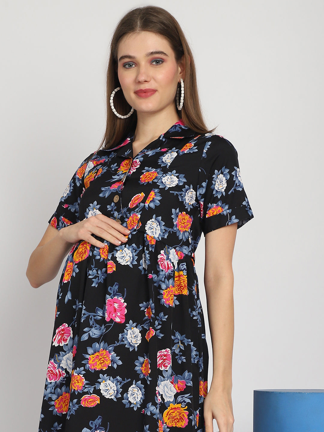 Black Abstract Printed Fit and Flare Maternity Midi Dress