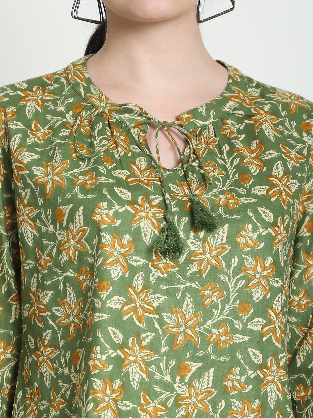 Olive Floral Printed Tie-Up Neck Pure Cotton Top