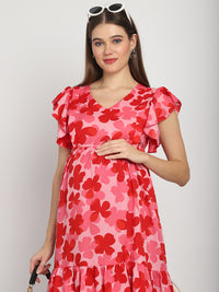 Red Floral Printed Fit and Flare Maternity Midi Dress