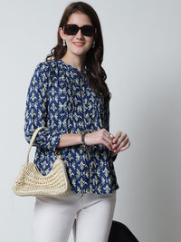 Navy Blue Abstract Printed Mandarin Collar Pure Cotton Top