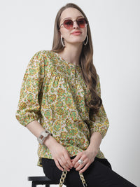 Lime Green Floral Printed Mandarin Collar Pure Cotton Top