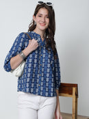 Navy Blue Floral Printed Mandarin Collar Pure Cotton Top