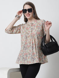 Red Floral Printed Mandarin Collar Pure Cotton Top