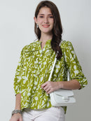 Lime Green Floral Printed Mandarin Collar Pure Cotton Top