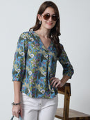 Blue Floral Printed V-Neck Pure Cotton Top