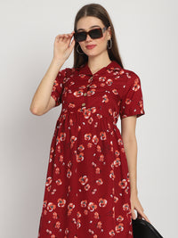 Maroon Floral Printed Fit and Flare Maternity Midi Dress