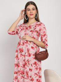 Peach Abstract Printed Fit and Flare Maternity Midi Dress