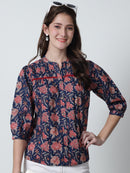 Navy Blue Floral Printed Mandarin Collar Pure Cotton Top