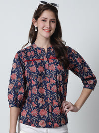 Navy Blue Floral Printed Mandarin Collar Pure Cotton Top