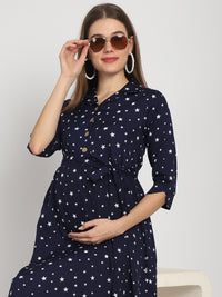 Navy Stars Printed Fit and Flare Maternity Maxi Dress