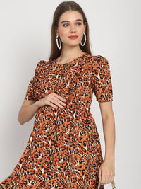 Orange Animal Printed Fit and Flare Maternity Midi Dress