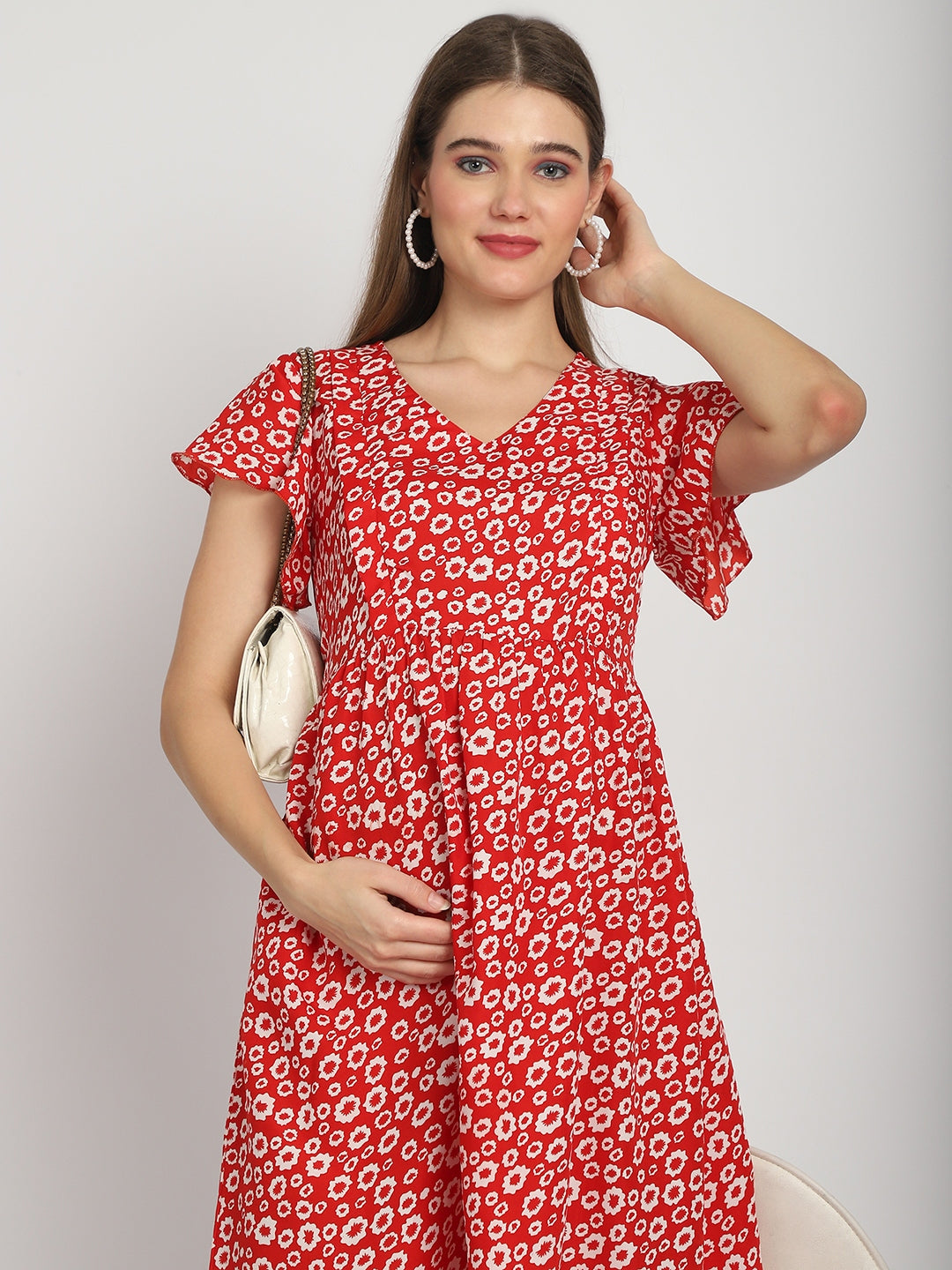 Red Micro Printed Fit and Flare Maternity Midi Dress