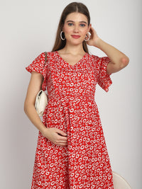 Red Micro Printed Fit and Flare Maternity Midi Dress