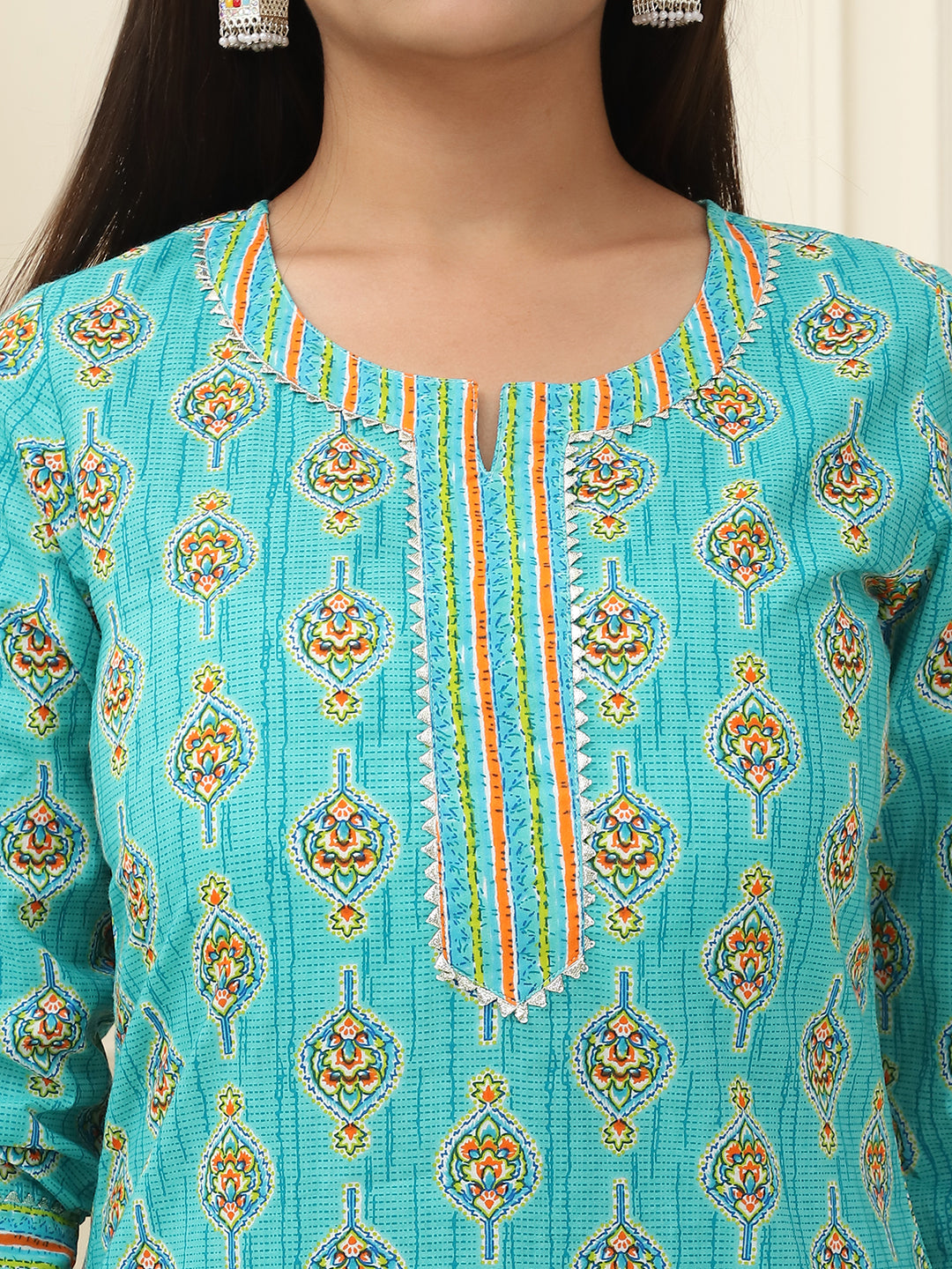 Turquoise Blue Floral Printed Pure Cotton Kurta With Trousers & Chiffon Dupatta