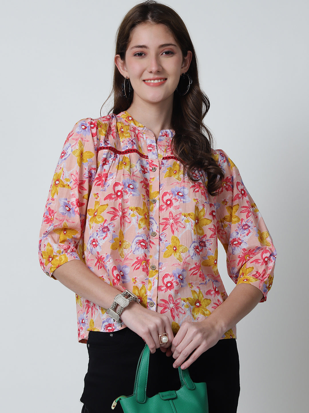 Peach Floral Printed Mandarin Collar Pure Cotton Top