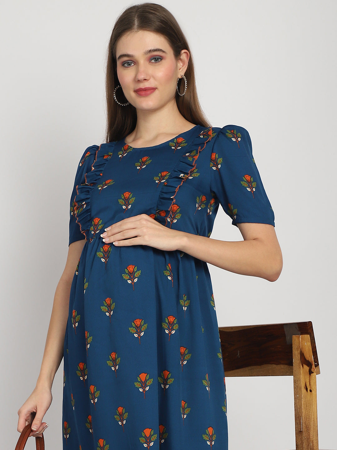 Teal Abstract Printed Fit and Flare Maternity Midi Dress