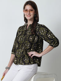 Brown Floral Printed Mandarin Collar Pure Cotton Top