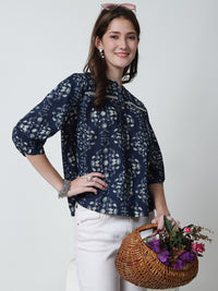 Navy Blue Floral Printed Mandarin Collar Pure Cotton Top