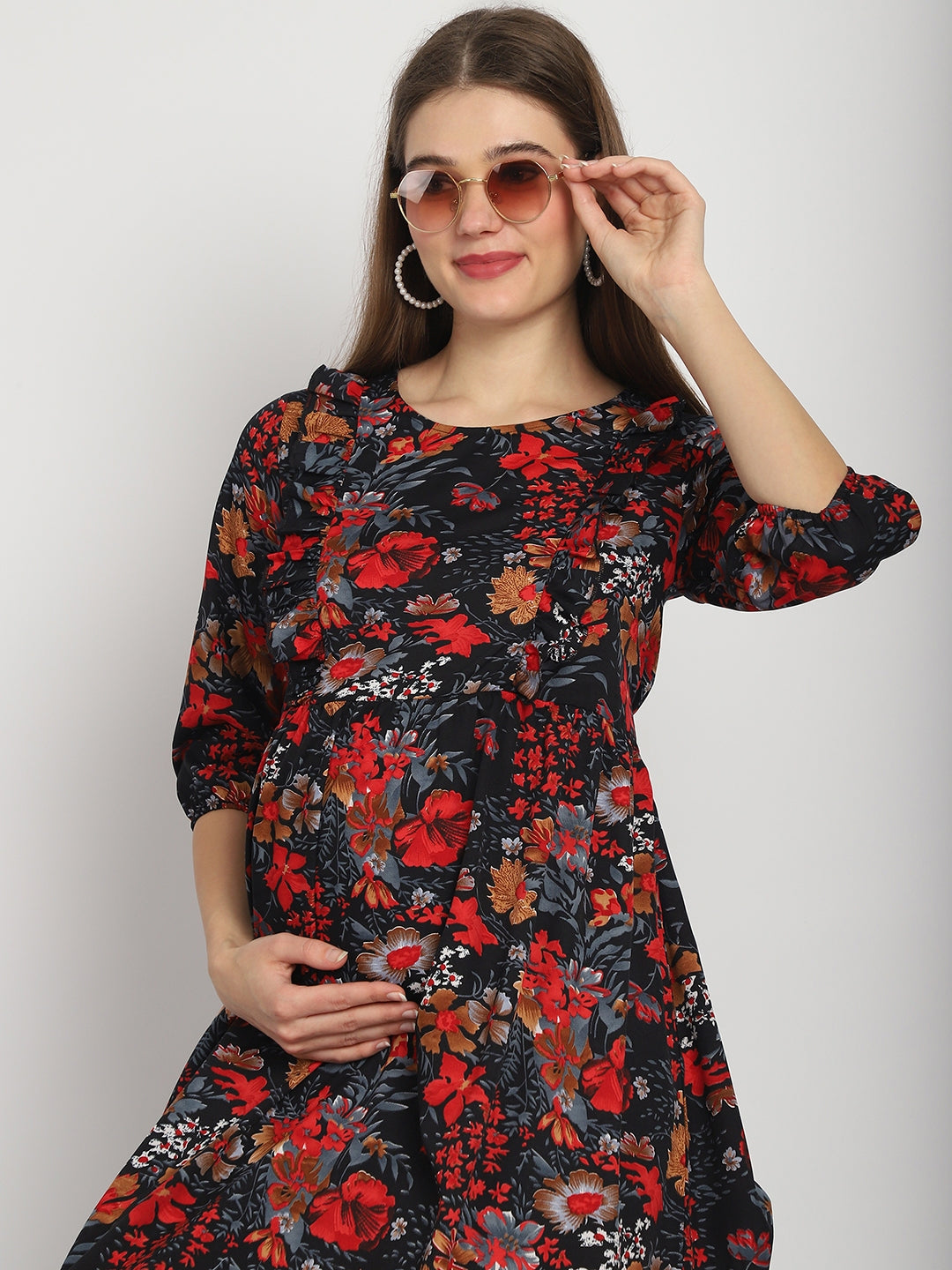 Black Abstract Printed Fit and Flare Maternity Midi Dress