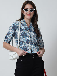 Off White Floral Printed Shirt Collar Pure Cotton Top