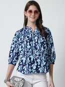 Navy Blue Floral Printed Mandarin Collar Pure Cotton Top