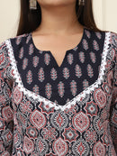 Black Floral Printed Pure Cotton Kurta With Trousers & Chiffon Dupatta