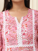 Pink Floral Printed Pure Cotton Kurta With Trousers & Chiffon Dupatta