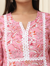 Pink Floral Printed Pure Cotton Kurta With Trousers & Chiffon Dupatta