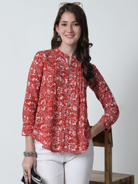 Red Floral Printed Mandarin Collar Pure Cotton Top