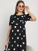 Black Polka-dot Printed Fit and Flare Maternity Midi Dress