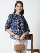 Navy Blue Floral Printed Round Neck Pure Cotton Top