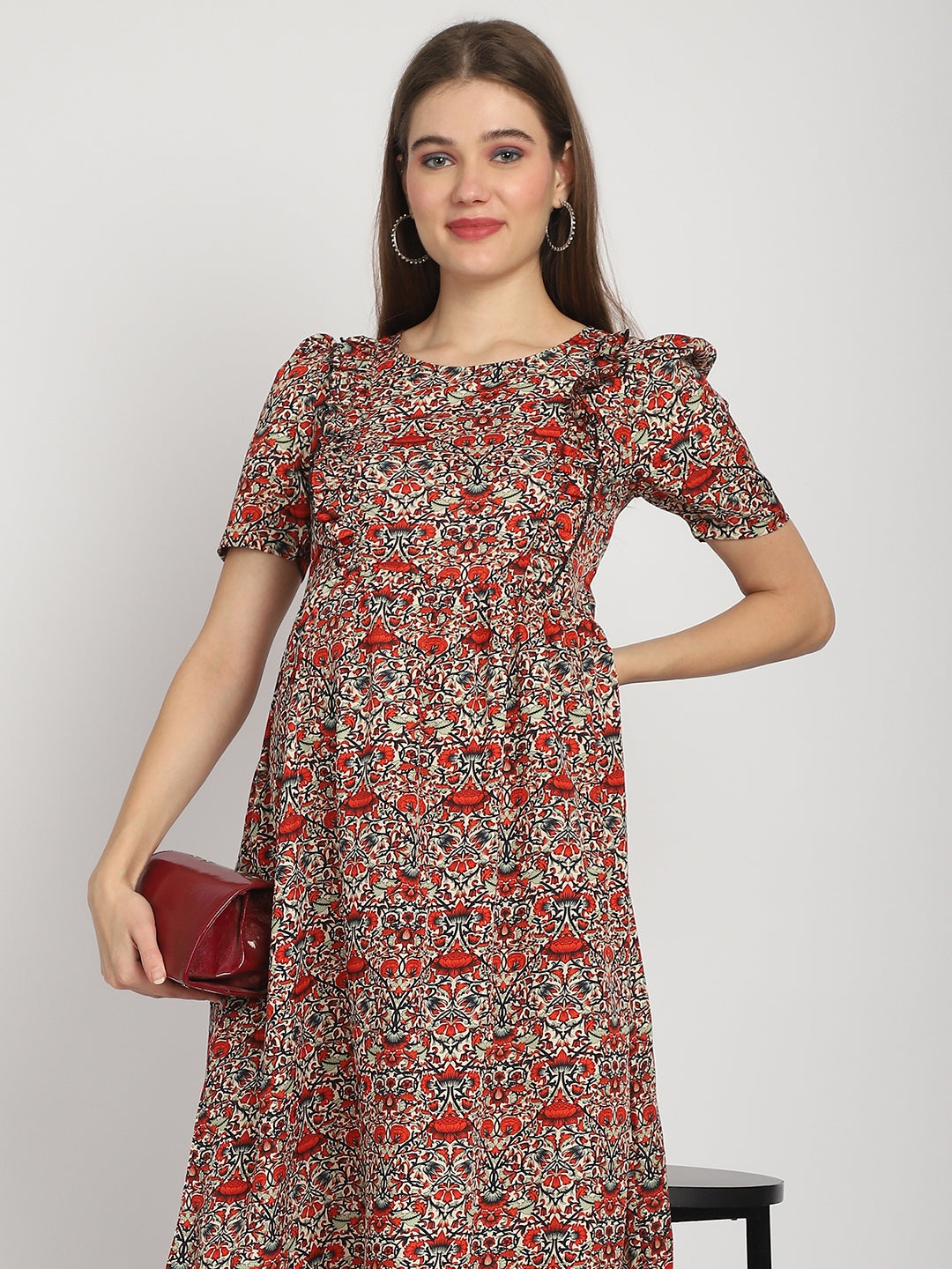 Red Abstract Printed Fit and Flare Maternity Midi Dress