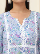 Lavender Floral Printed Pure Cotton Kurta With Trousers & Chiffon Dupatta