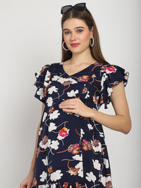 Navy Abstract Printed Fit and Flare Maternity Midi Dress