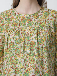 Lime Green Floral Printed Mandarin Collar Pure Cotton Top