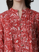 Red Floral Printed Mandarin Collar Pure Cotton Top