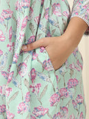 Multi Floral Printed Pure Cotton Kurta With Trousers & Chiffon Dupatta