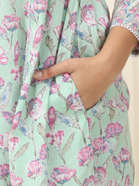 Multi Floral Printed Pure Cotton Kurta With Trousers & Chiffon Dupatta