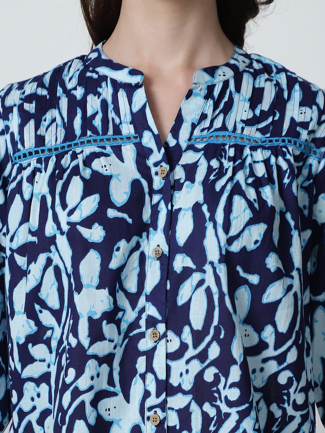 Navy Blue Floral Printed Mandarin Collar Pure Cotton Top