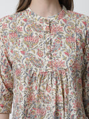 Red Floral Printed Mandarin Collar Pure Cotton Top