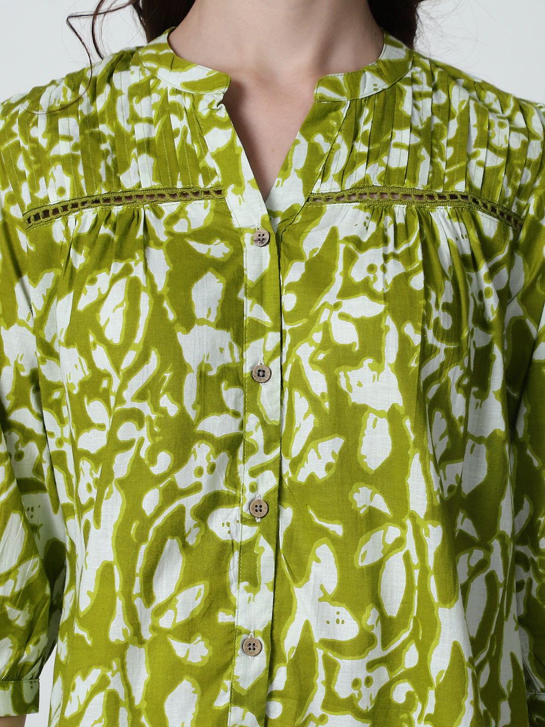 Lime Green Floral Printed Mandarin Collar Pure Cotton Top